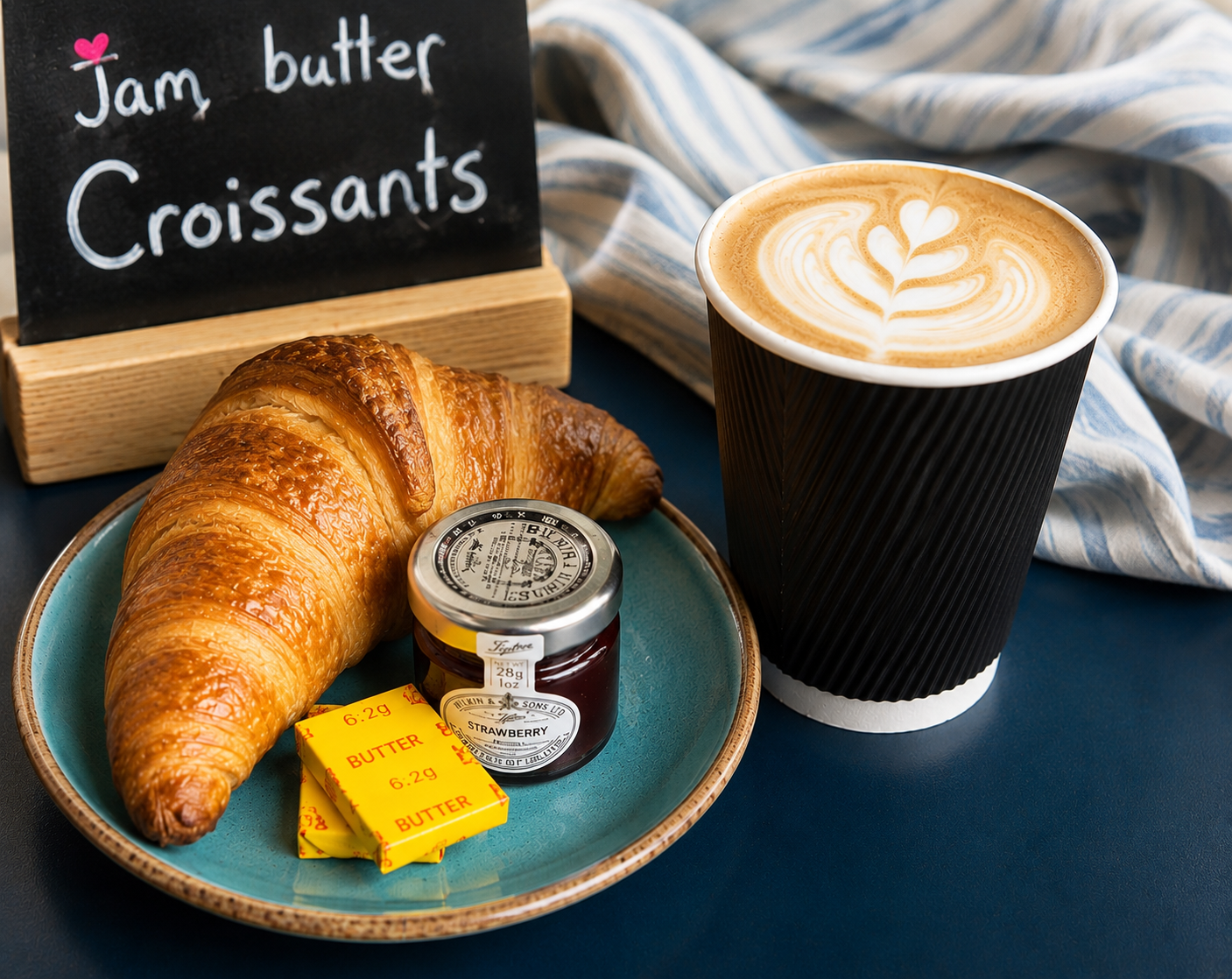 Breakfast pastries served all day at Blas Aberdyfi — croissants, pain au chocolat, scones and sausage rolls