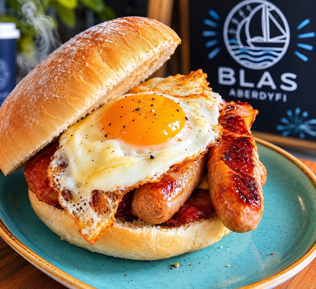 The Blas breakfast roll — bacon, egg and sausage in a soft bun at Blas Aberdyfi café
