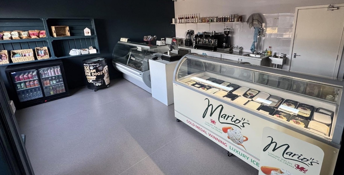 Inside Blas Aberdyfi — coffee bar, Mario's Welsh ice cream counter and fresh deli display