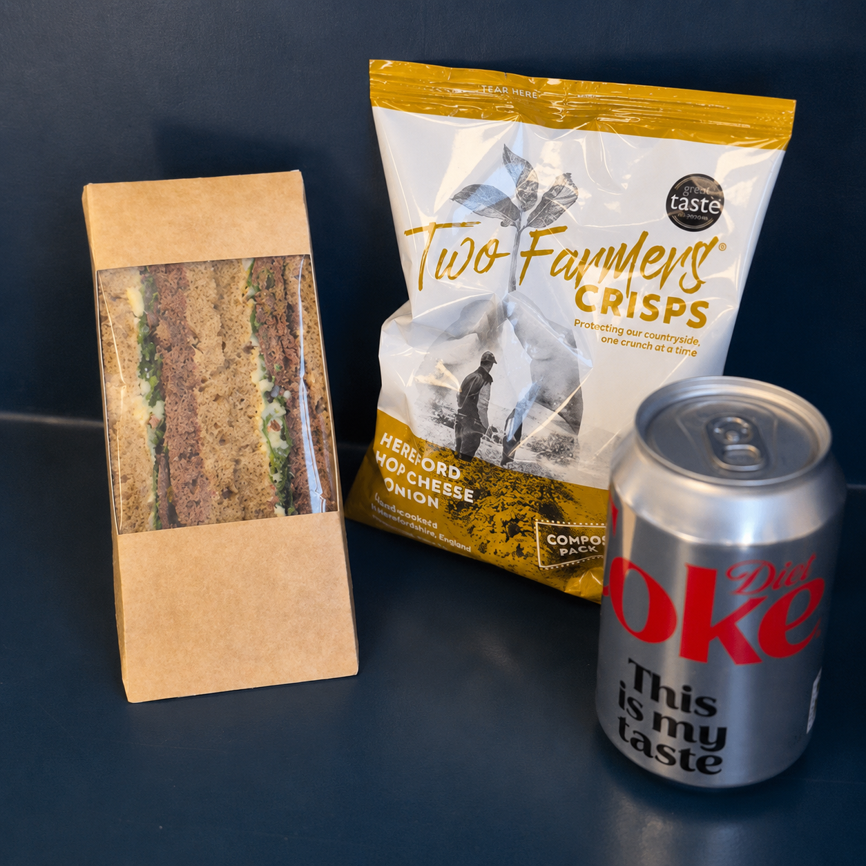 Freshly made sandwich meal deal at Blas Aberdyfi — sandwich, Two Farmers crisps and a drink
