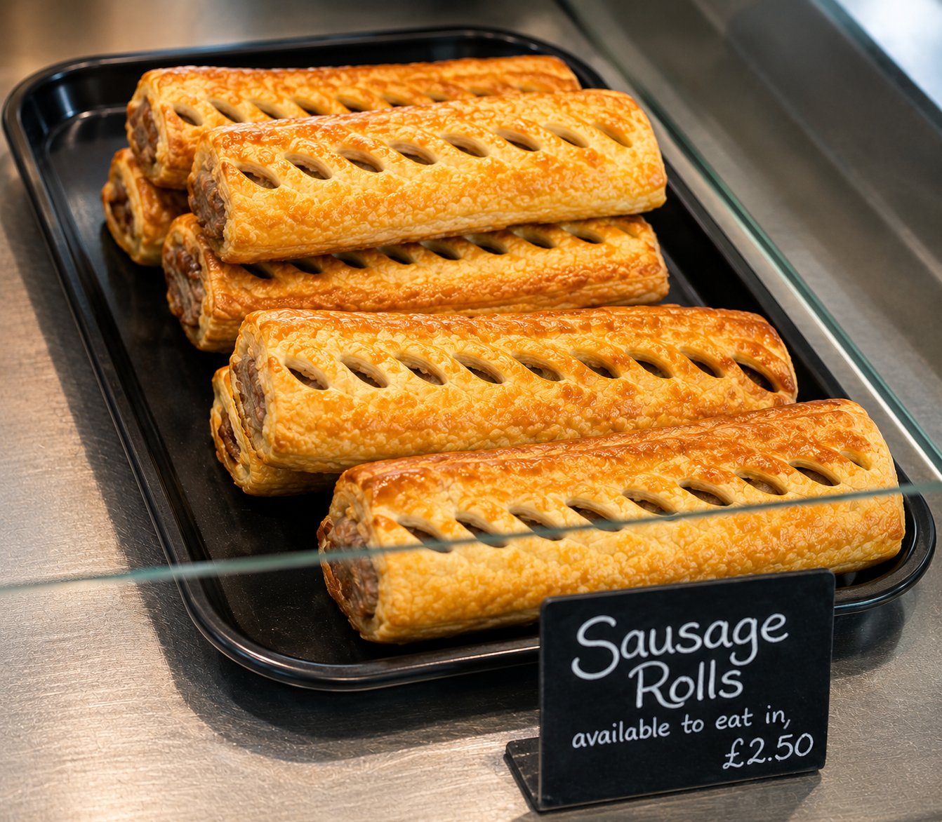 Golden freshly baked sausage rolls at Blas Aberdyfi — available to eat in at £2.50